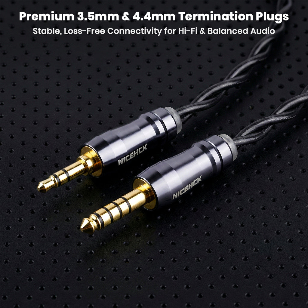 NICEHCK DuskAg IEM cable with 3.5mm and 4.4mm gold-plated plugs for stable, loss-free audio transmission in high-end setups.