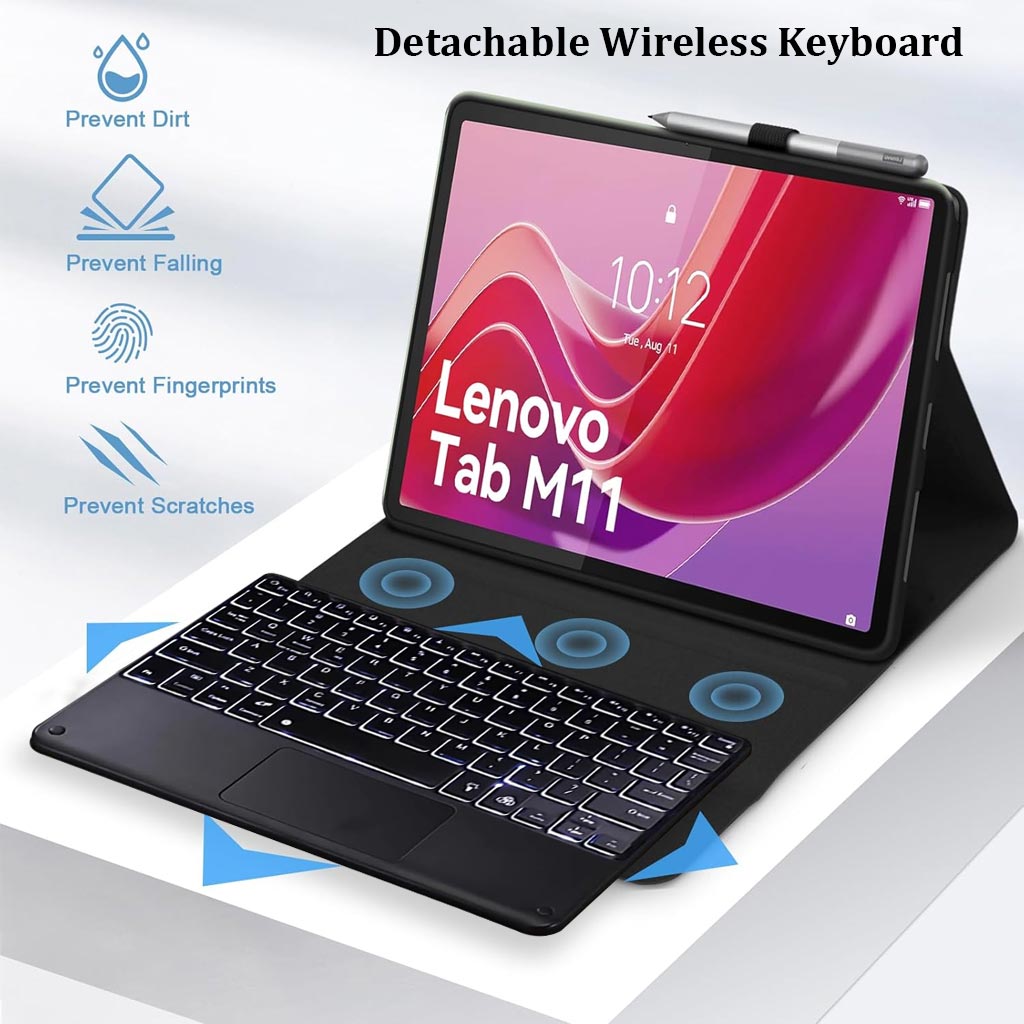 Protective keyboard case for Lenovo Tab M11 with detachable keyboard, prevents dirt, scratches, fingerprints, and accidental drops.