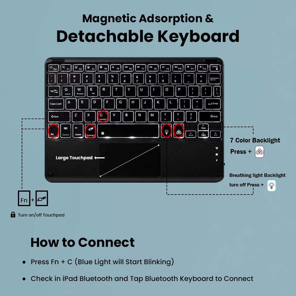Detachable Bluetooth keyboard with 7-color backlight and large touchpad for Lenovo Idea Tab and Tab K11, featuring magnetic adsorption.