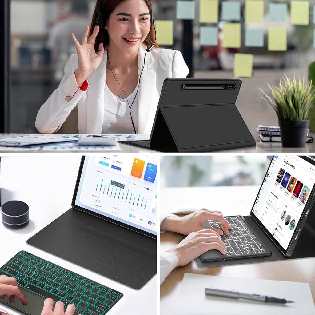 Lifestyle usage of Keyboard Case for Samsung Galaxy Tab S9 Plus 12.4 inch in work and video call scenarios.