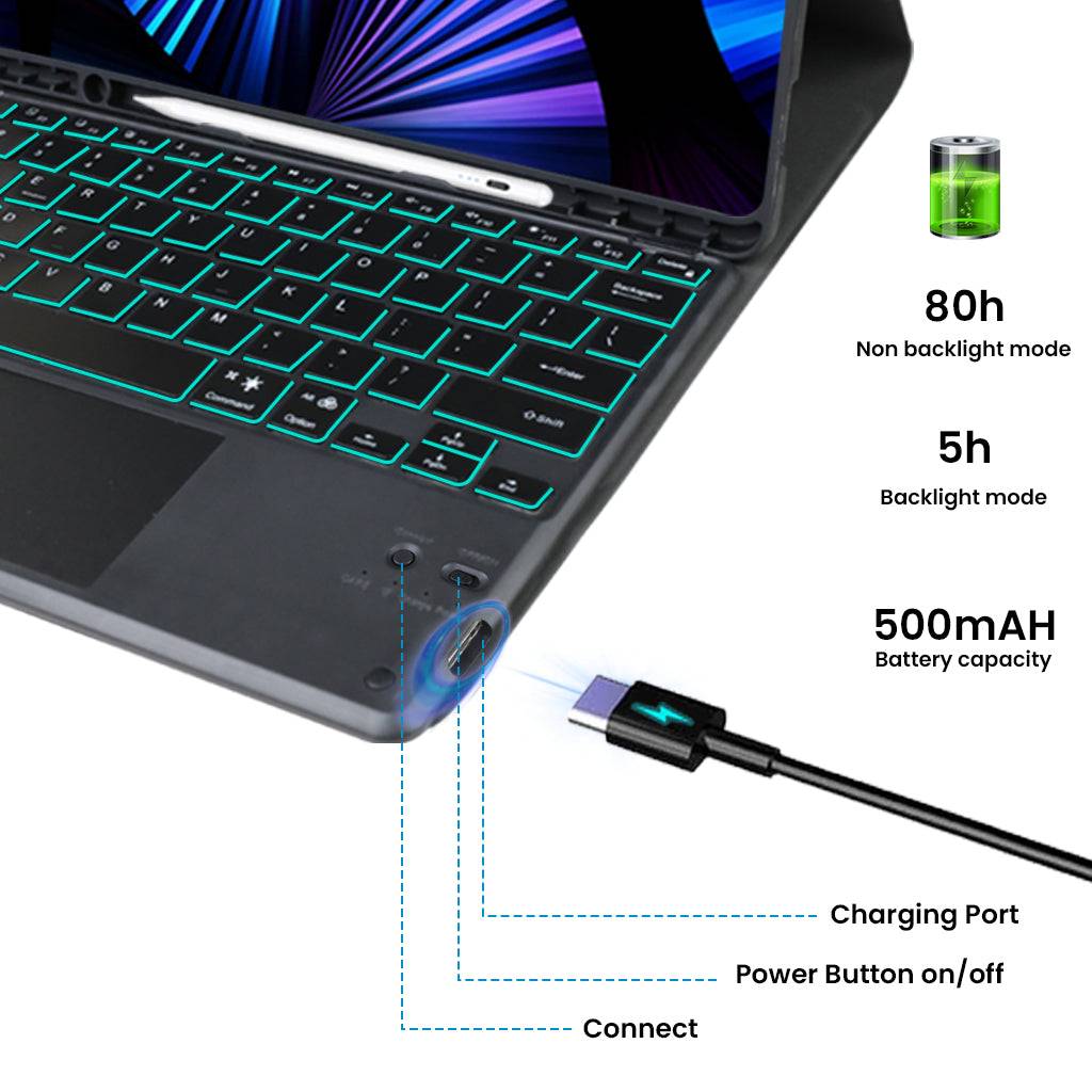 Keyboard Case for Samsung Galaxy Tab S9 Plus 12.4 inch with 500mAh battery, USB-C charging, and 80h battery life.
