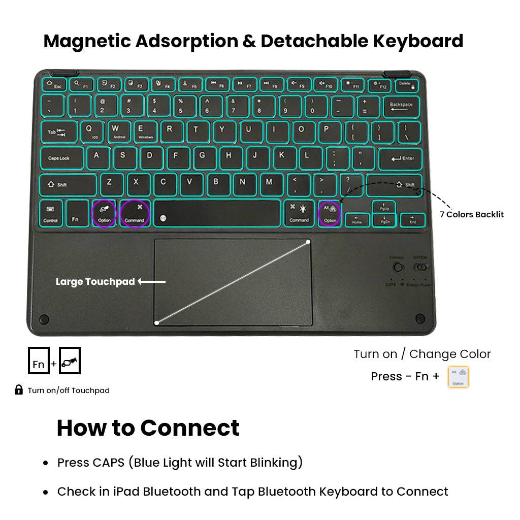 Magnetic detachable keyboard with 7-color backlight and touchpad for Samsung Galaxy Tab S9 Plus 12.4 inch keyboard case.