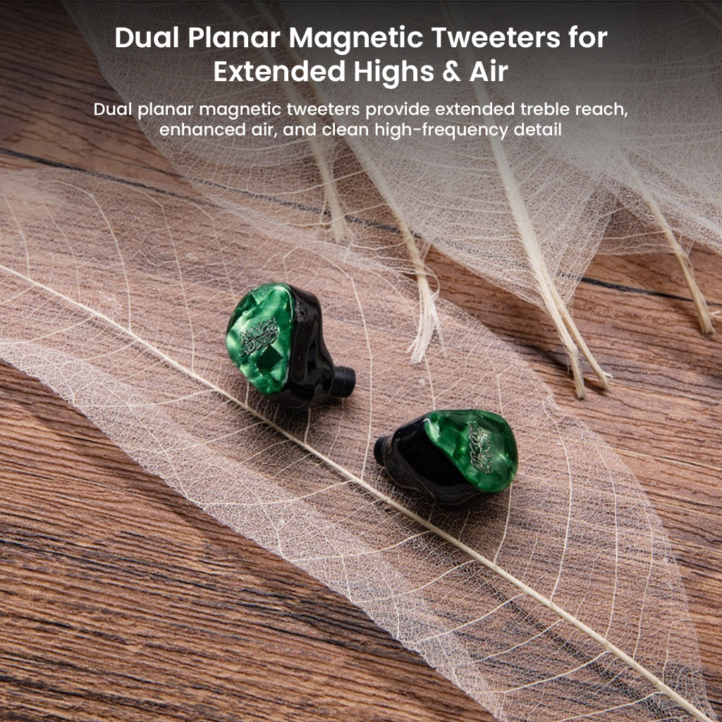 Punch Audio Portazo IEMs with dual planar magnetic tweeters for extended highs and clean treble detail, placed on decorative leaves.