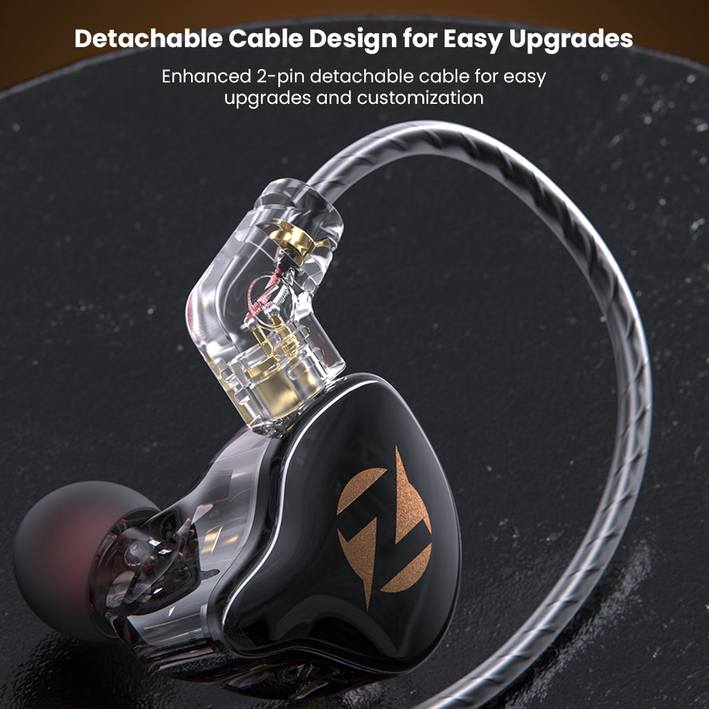 Close-up of detachable 2-pin audio cable with transparent connector