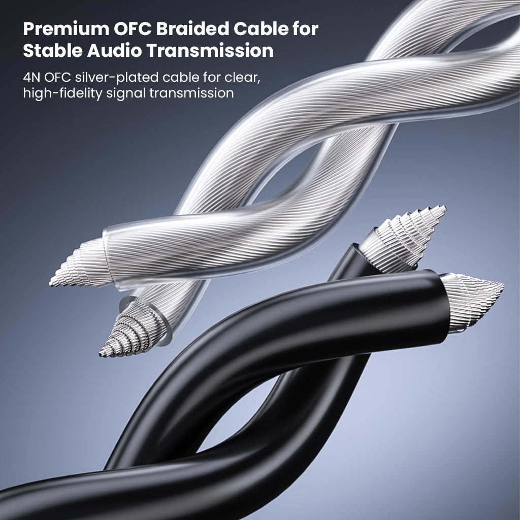 Silver and black braided audio cable with detachable design for upgrades