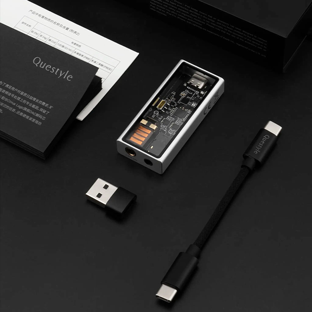 Unboxed QUESTYLE M15C DAC/Amp with USB-C cable and adapters, ready for use with smartphones, laptops, and other audio devices.