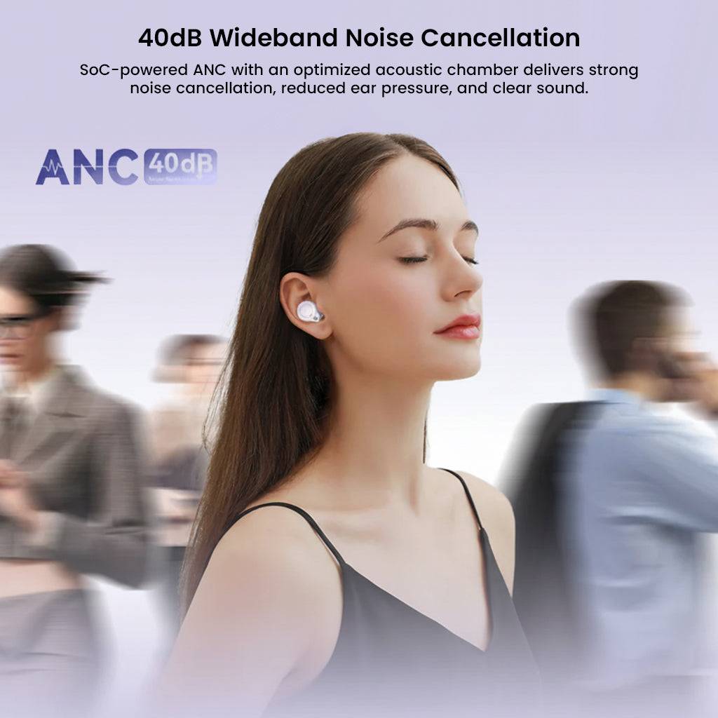 Woman wearing ROSESELSA CERAMICS MK2 earbuds with ANC 40dB, demonstrating noise cancellation in a busy environment.