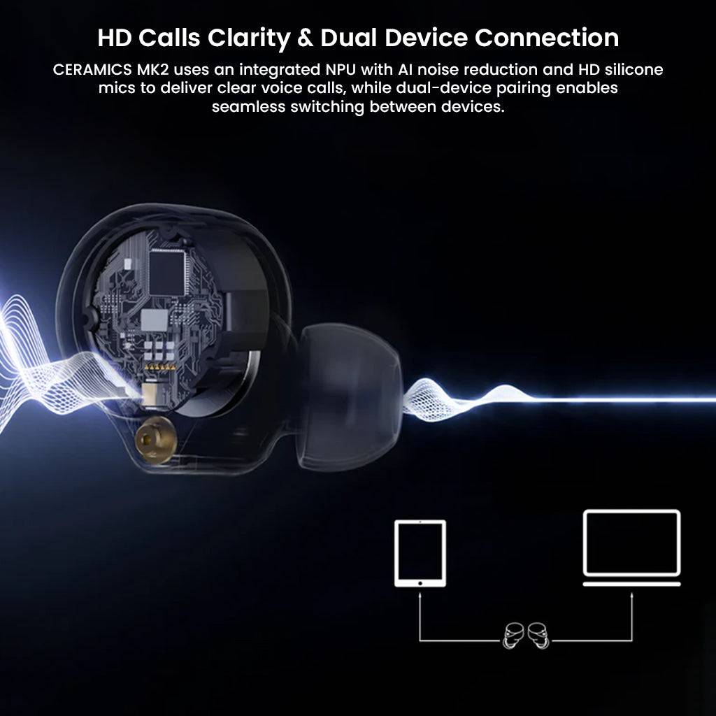 Internal view of ROSESELSA CERAMICS MK2 earbud showing AI noise reduction chip and dual-device connection capability.