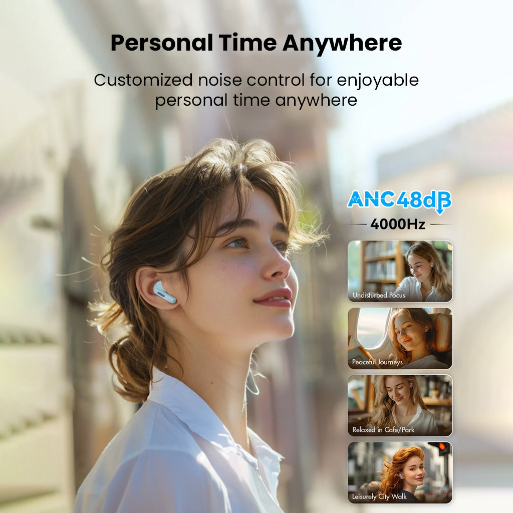 Woman wearing ROSESELSA EARFREE i5 earbuds outdoors, showcasing 48dB ANC for personalized noise control in various daily environments.