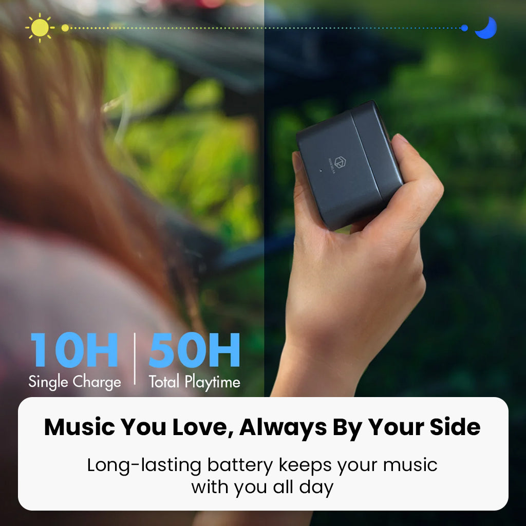 ROSESELSA EARFREE i5 earbuds offer 10-hour single charge and 50-hour total playtime, ensuring music all day with long-lasting battery life.