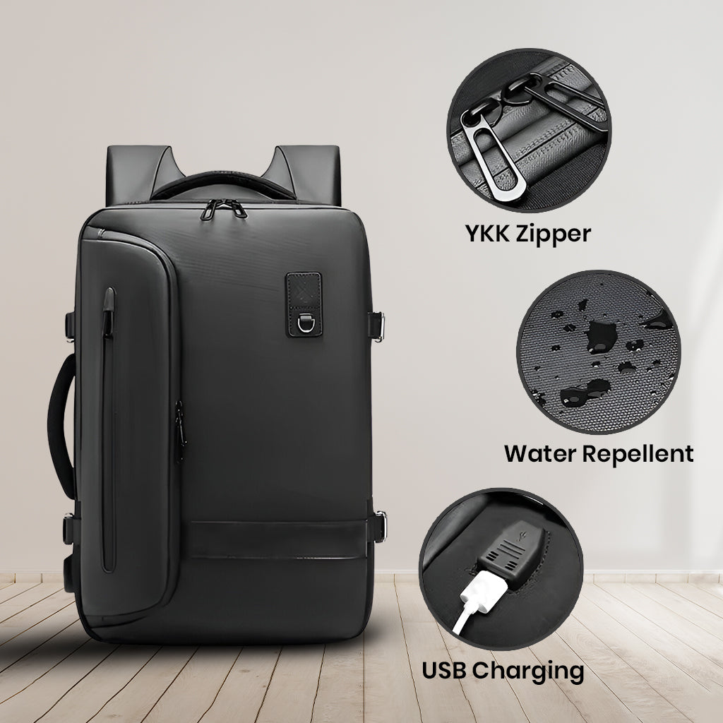 Close-up of Airpack Travel Backpack features including YKK zipper, water-repellent material, and USB charging port for smart travel needs.