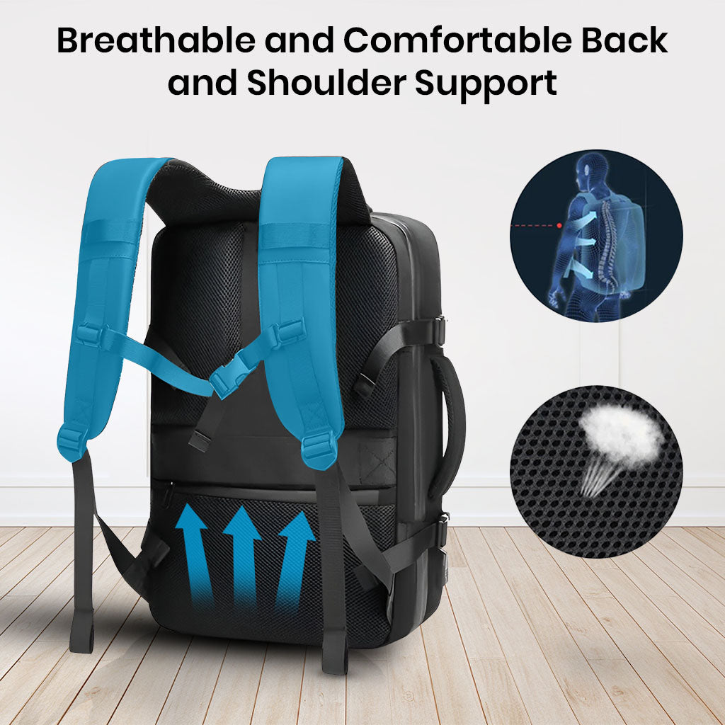 Ergonomic Airpack Travel Backpack with breathable back and shoulder support, designed for comfort and posture alignment during travel.