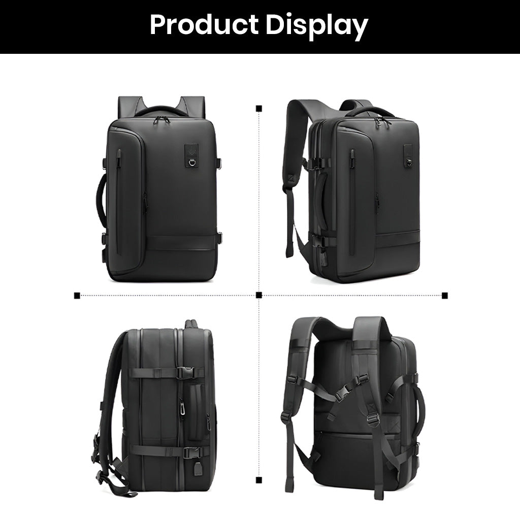 Multi-angle product display of the RZTX Airpack Travel Vacuum Backpack, showcasing its expandable compartments and sleek smart design.
