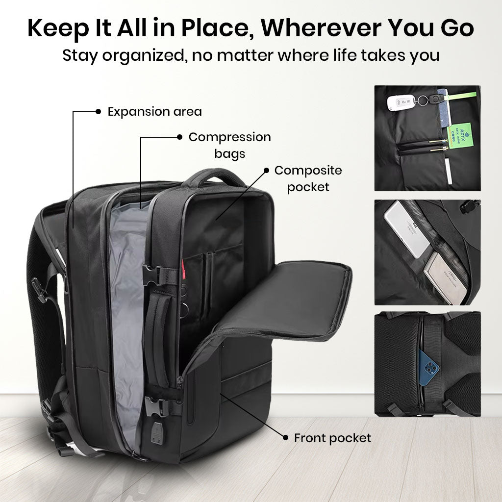 Interior organization of Airpack Travel Backpack includes expansion area, compression bags, and multiple pockets for efficient packing.