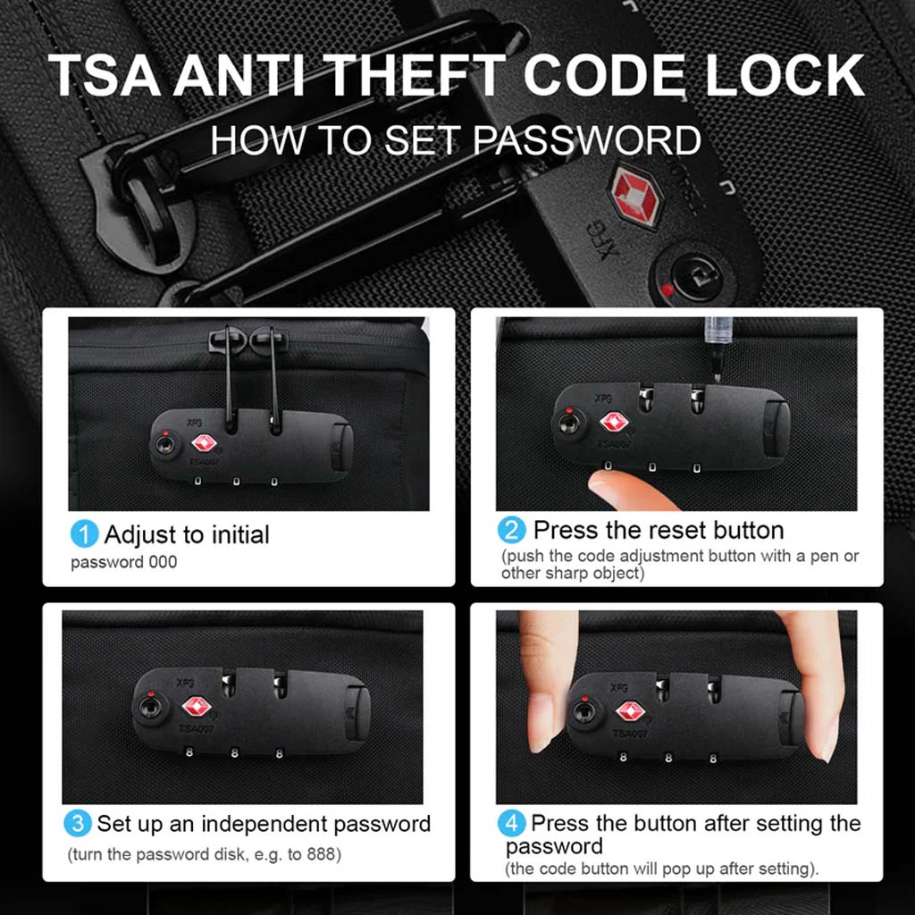 Instructions for setting the TSA anti-theft code lock on the RZTX Smart Airpack Backpack for enhanced travel security.