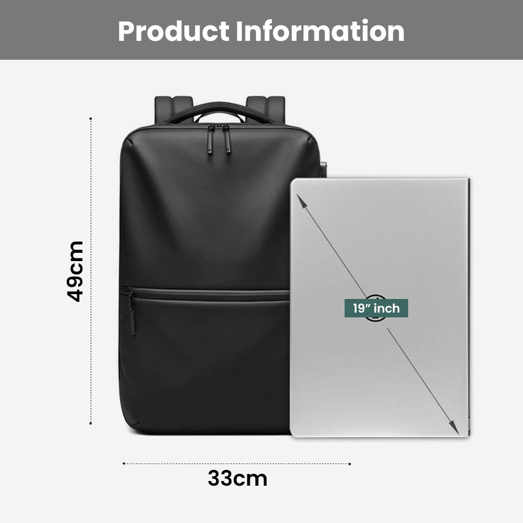 RZTX Smart Airpack Backpack shown next to 19-inch laptop for size comparison, measuring 49cm by 33cm, perfect for business and travel use.