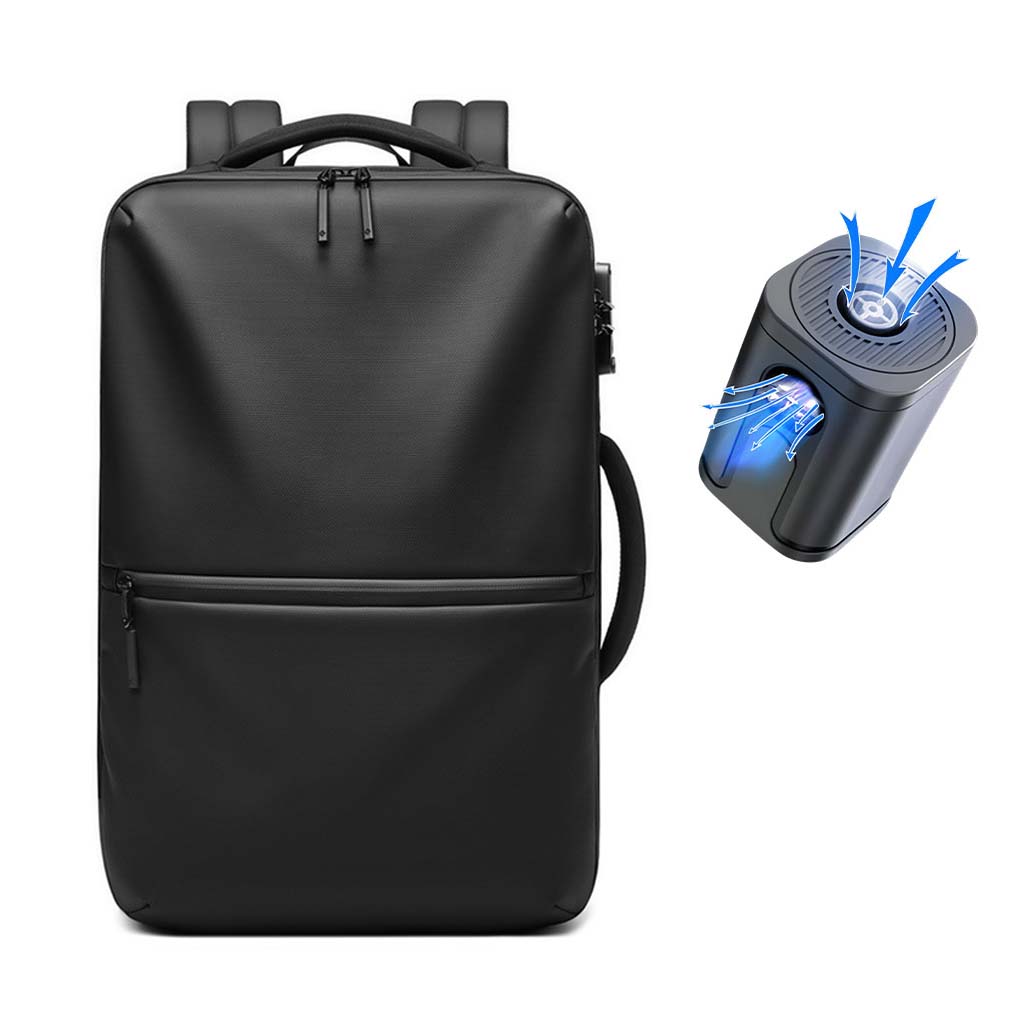 Front view of RZTX Smart Airpack Backpack with vacuum compression motor, designed for efficient packing and sleek travel style.