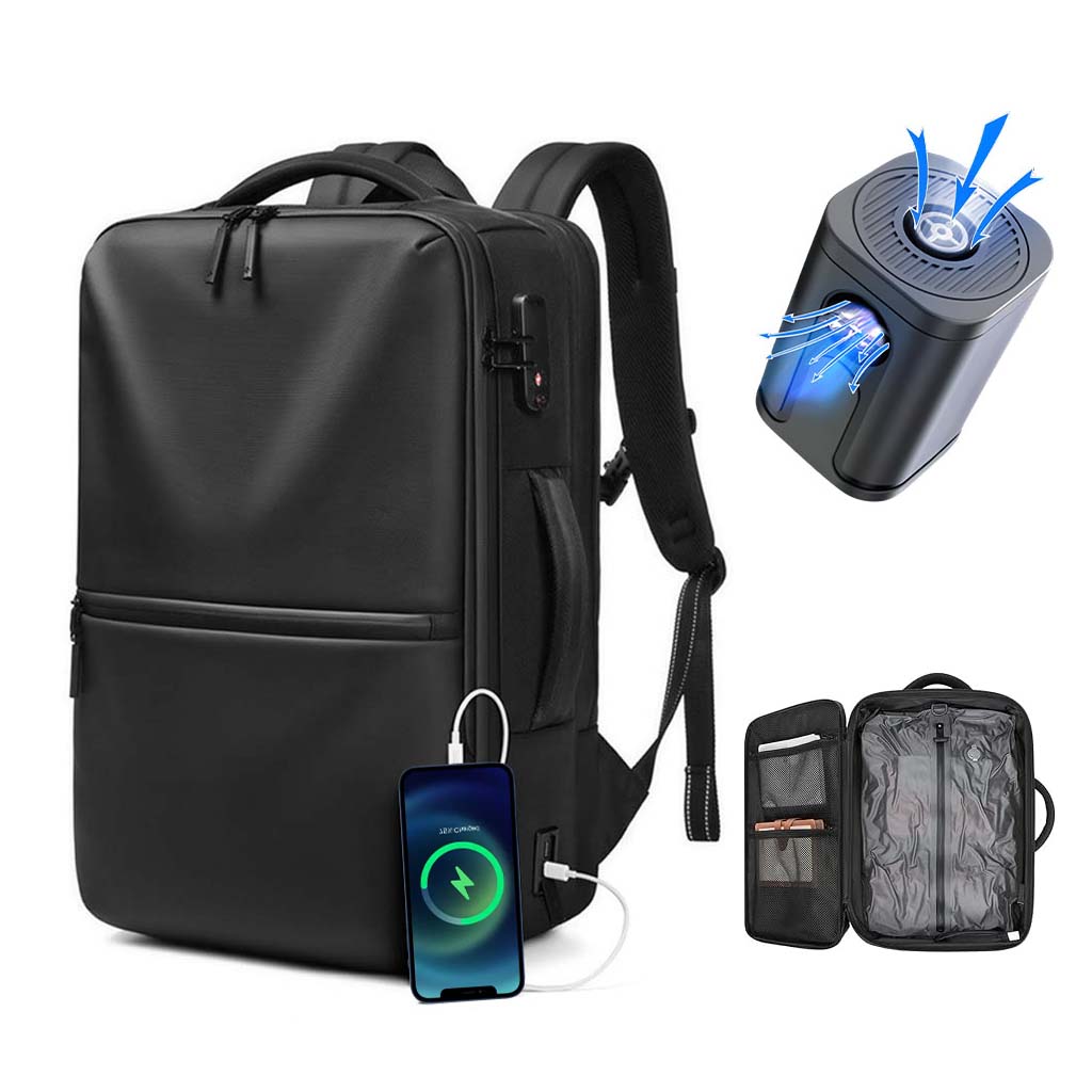 RZTX Smart Airpack Backpack with vacuum compression and USB charging, open to reveal organized interior compartments.