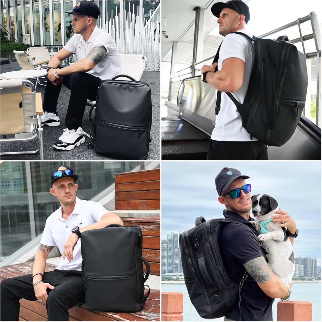 Lifestyle shots of RZTX Smart Airpack Backpack in use by traveler, showcasing its large capacity and stylish design in urban settings.