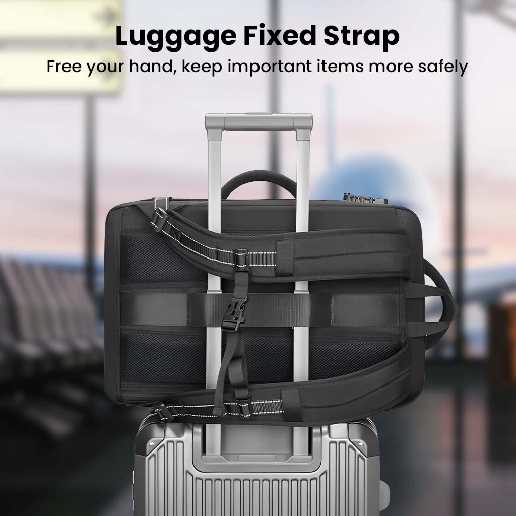 RZTX Smart Airpack Backpack attached to luggage handle using fixed strap, enhancing travel convenience and security.