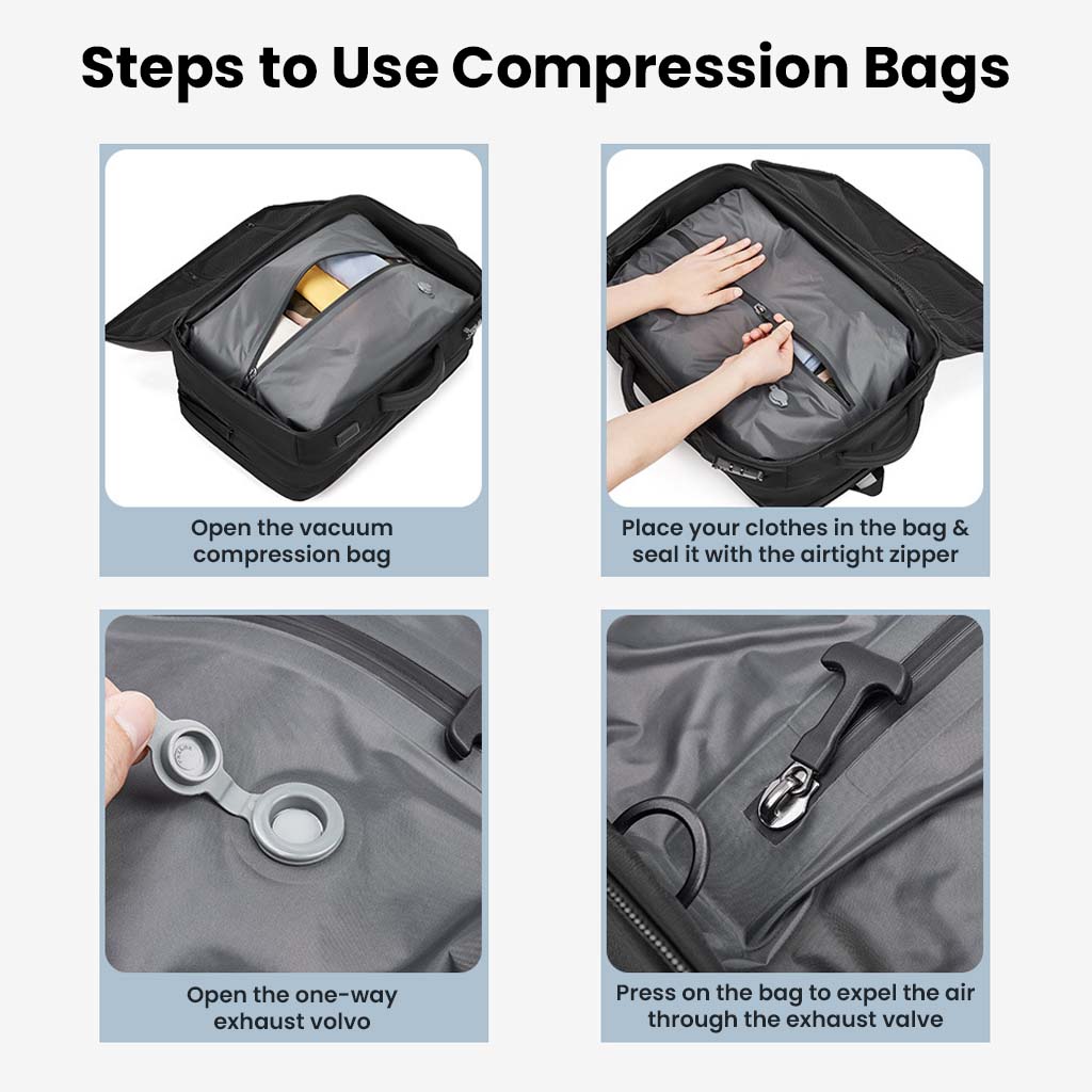 Step-by-step guide to using the RZTX Smart Airpack's vacuum compression system for efficient packing and space-saving travel.