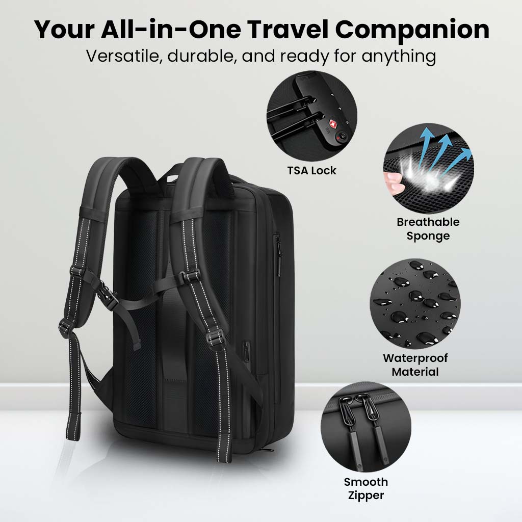 RZTX Smart Airpack Backpack offers TSA lock, waterproof material, and breathable sponge for secure and comfortable travel.