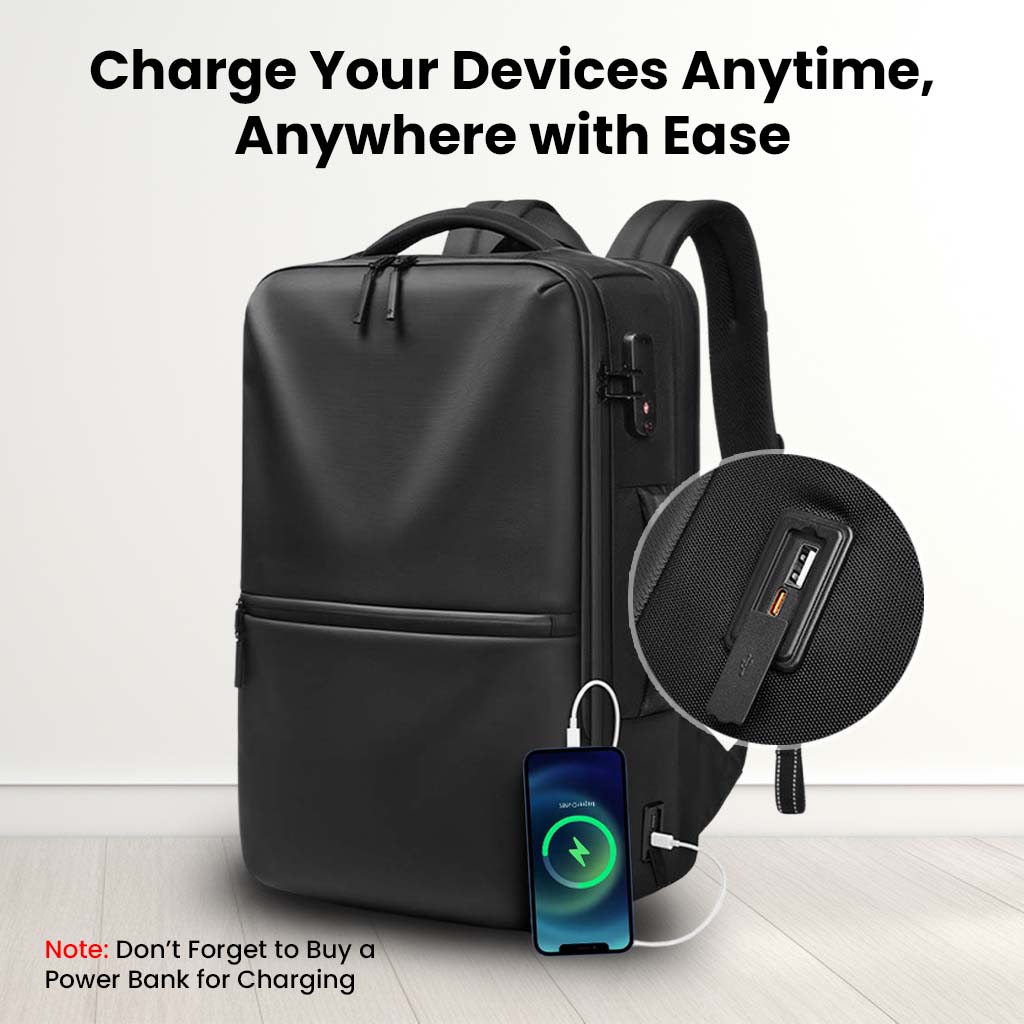 RZTX Smart Airpack Backpack with external USB port for device charging on the go, ideal for digital nomads and frequent flyers.