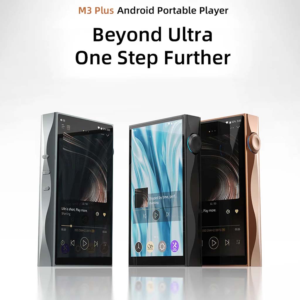 SHANLING M3 Plus Android13 digital audio player lineup in silver, black, and rose gold, showcasing sleek design and high-resolution playback.