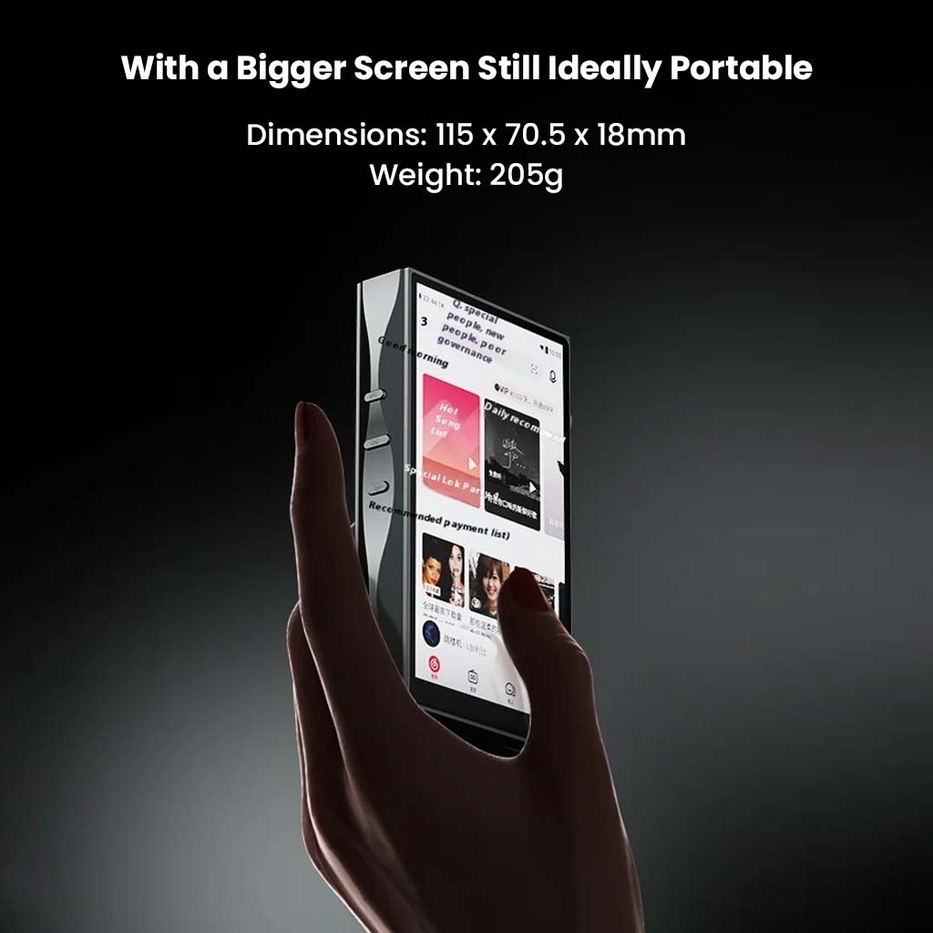 SHANLING M3 Plus Android13 DAP held in hand, highlighting its 115x70.5x18mm compact size and 205g weight for portable Hi-Res audio.