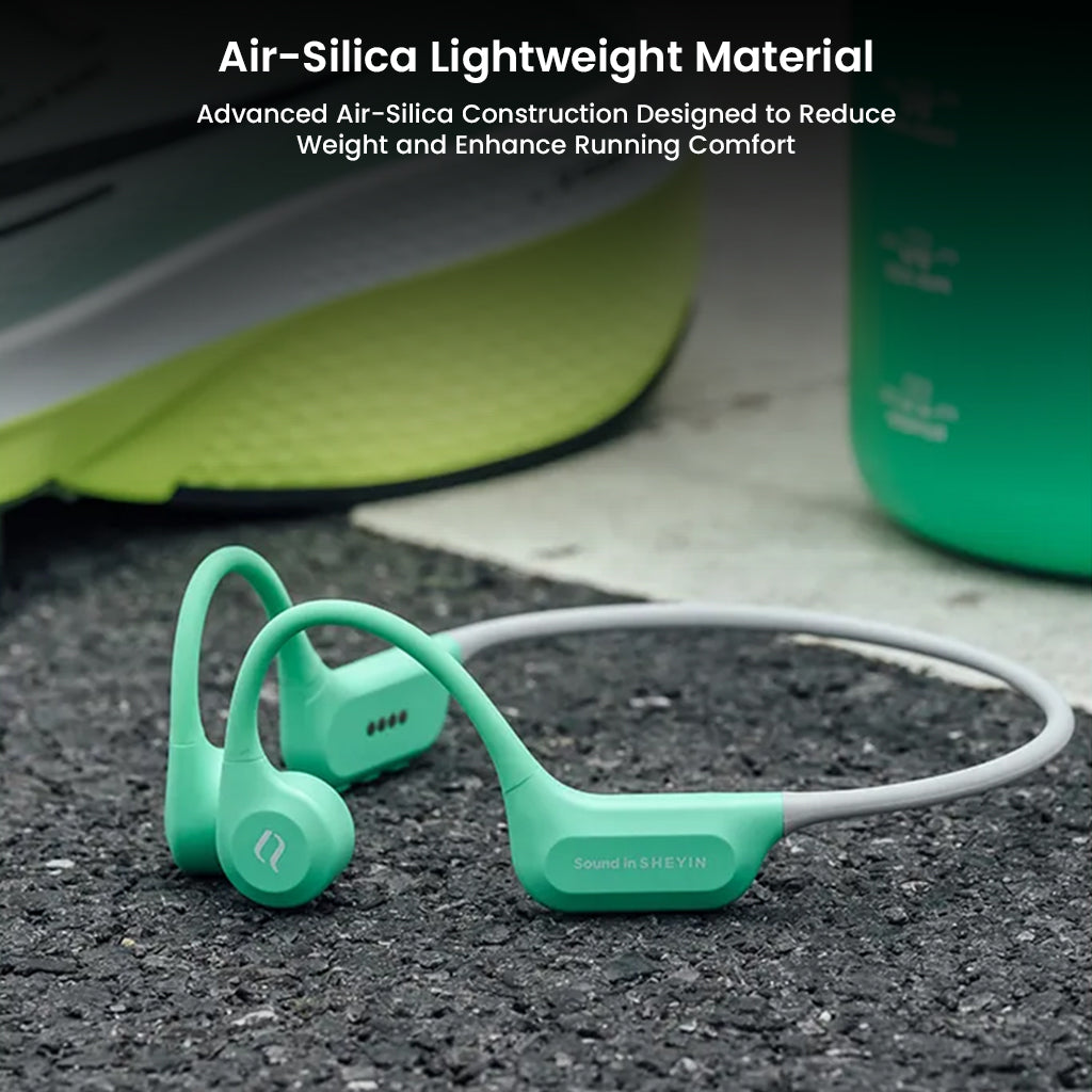 SHEYIN X7 Air bone conduction headphones placed on ground, emphasizing air-silica lightweight material for running comfort and durability.