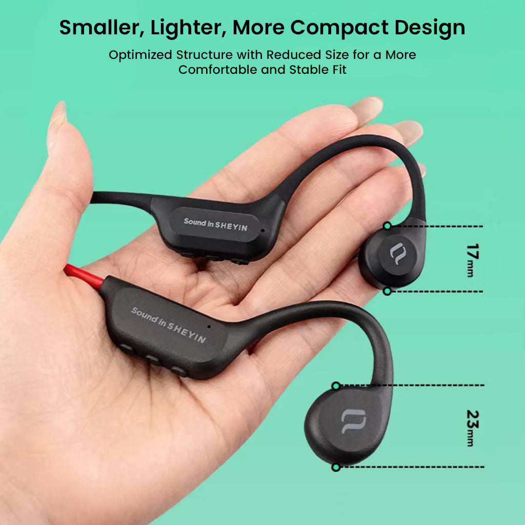 Comparison of compact SHEYIN X7 Air bone conduction headphones in hand, featuring smaller and lighter design for stable fit during activities.
