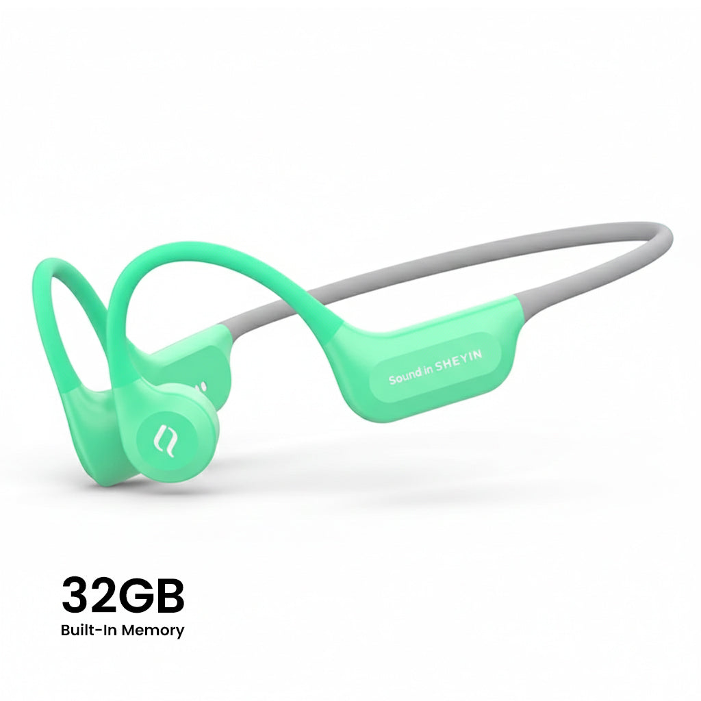 Green SHEYIN X7 Air IPX8 swimming bone conduction Bluetooth headphones with 32GB memory, perfect for underwater workouts and active lifestyles.