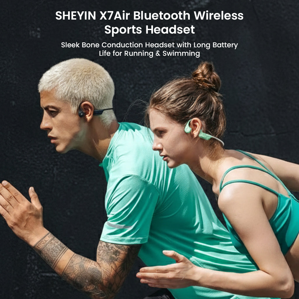 SHEYIN X7 Air Bluetooth bone conduction headphones worn by athletes, ideal for swimming and running with secure fit and long battery life.