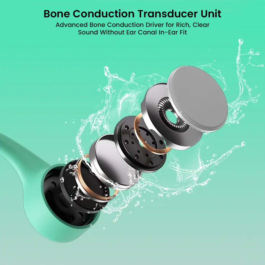 Exploded view of SHEYIN X7 Air bone conduction transducer unit, illustrating advanced driver for clear sound without in-ear fit.