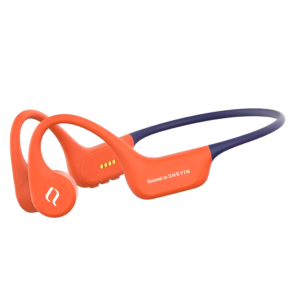 SHEYIN - X9 IPX8 Bone Conduction Bluetooth Headphones in orange with open-ear design and ergonomic neckband for active use.