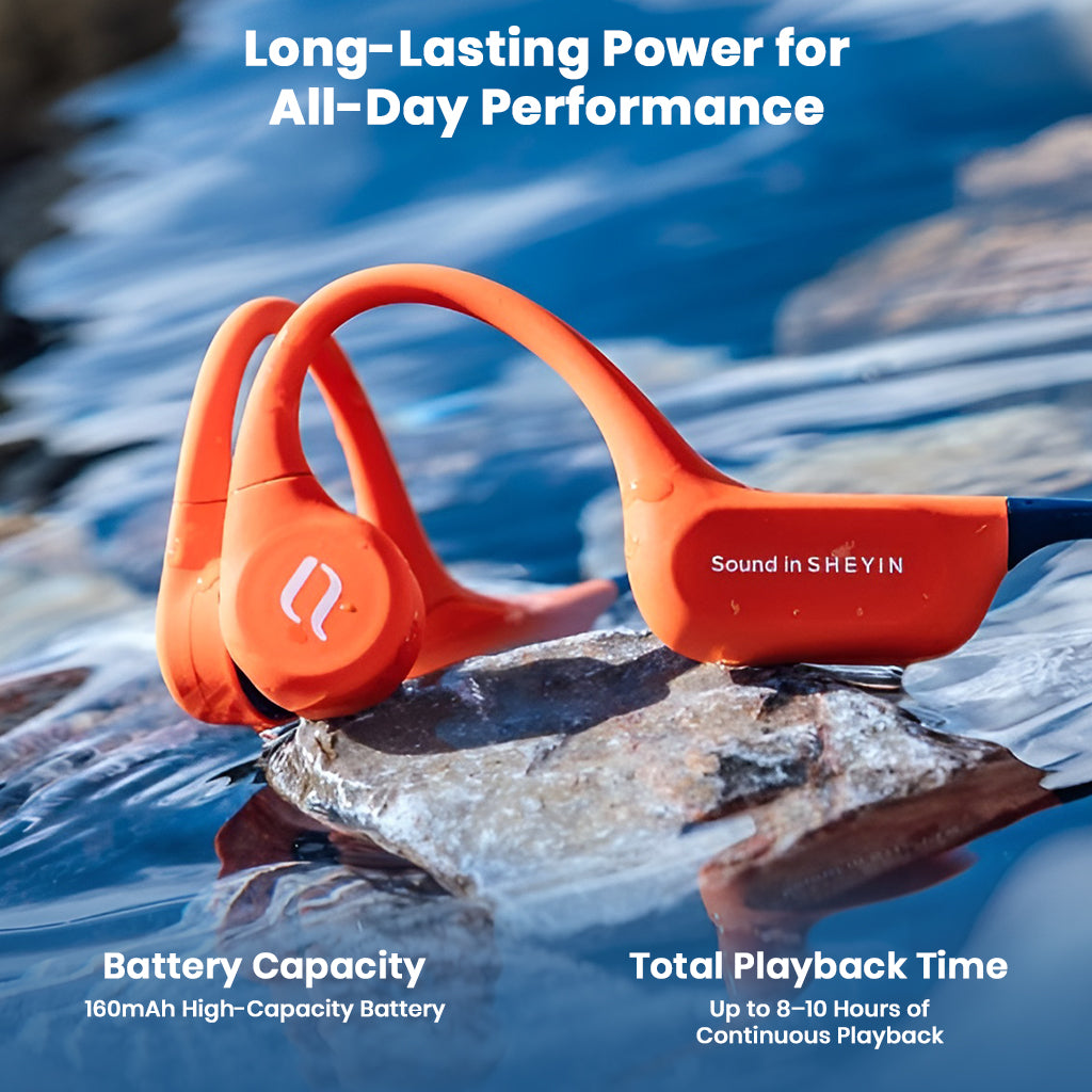 SHEYIN - X9 IPX8 Bone Conduction Bluetooth Headphones on wet rock, highlighting 10-hour battery life and waterproof performance.