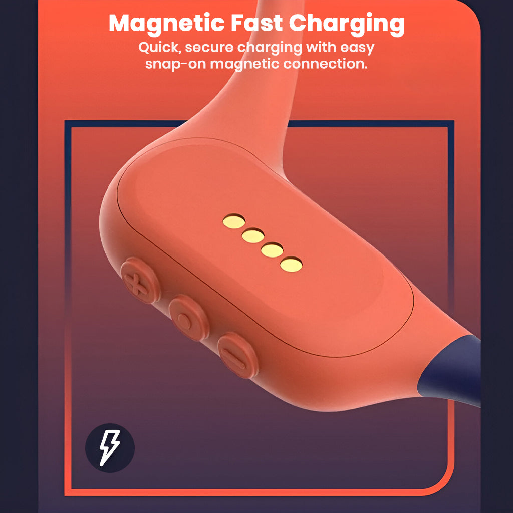 Close-up of SHEYIN - X9 IPX8 Bone Conduction Bluetooth Headphones magnetic charging port with snap-on fast charging feature.