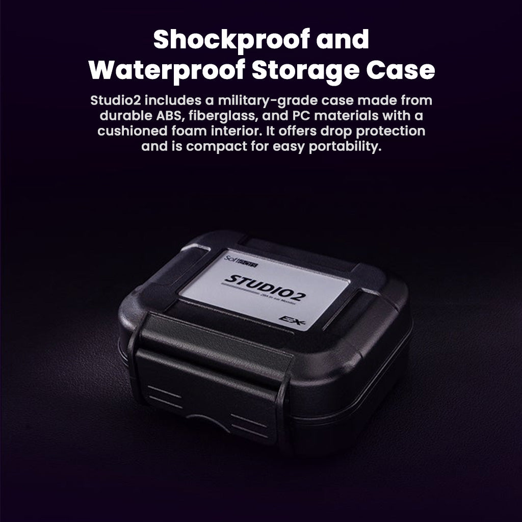 SOFTEARS STUDIO 2 in-ear monitors storage case with shockproof and waterproof design, made from ABS, fiberglass, and PC for durability.