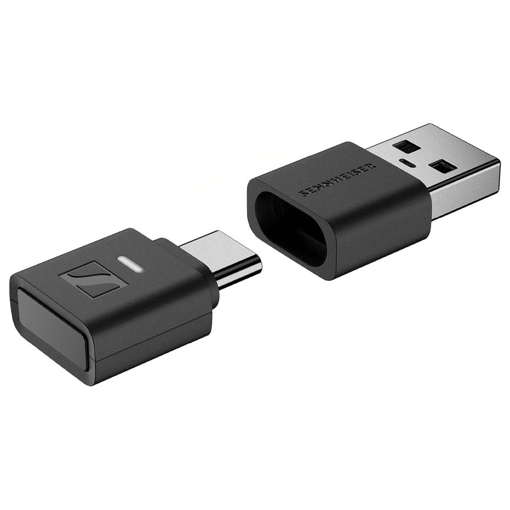 Sennheiser BTD - 700 Bluetooth USB Dongle with aptX Lossless and Auracast, showing USB-A and USB-C adapters side by side for versatile connectivity.