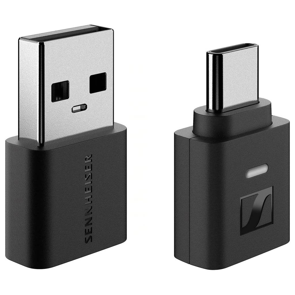 Close-up of Sennheiser BTD - 700 Bluetooth USB Dongle featuring USB-A and USB-C connectors, ideal for high-definition wireless audio streaming.
