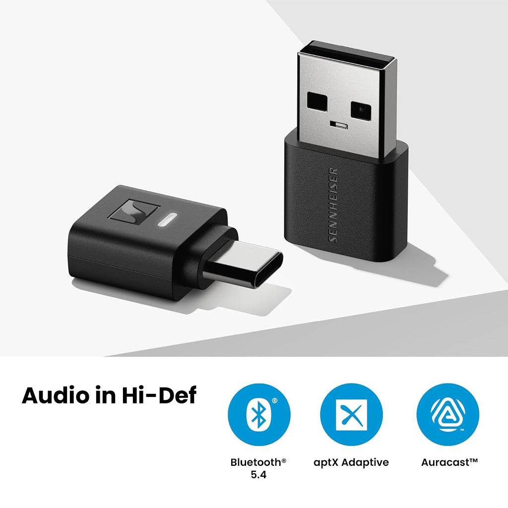 Sennheiser BTD - 700 Bluetooth USB Dongle with Bluetooth 5.4, aptX Adaptive, and Auracast icons, highlighting advanced audio features.