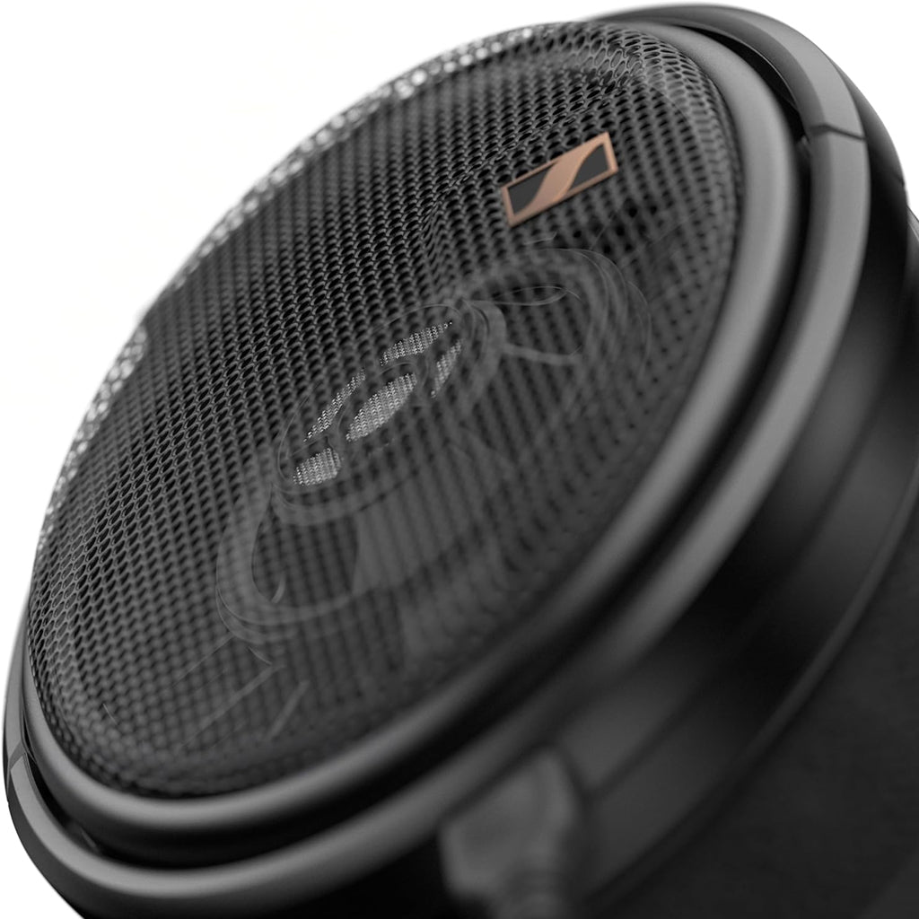 Macro shot of HD 660S2 headphone's open-back metal mesh earcup with visible driver and Sennheiser logo for premium audio design.