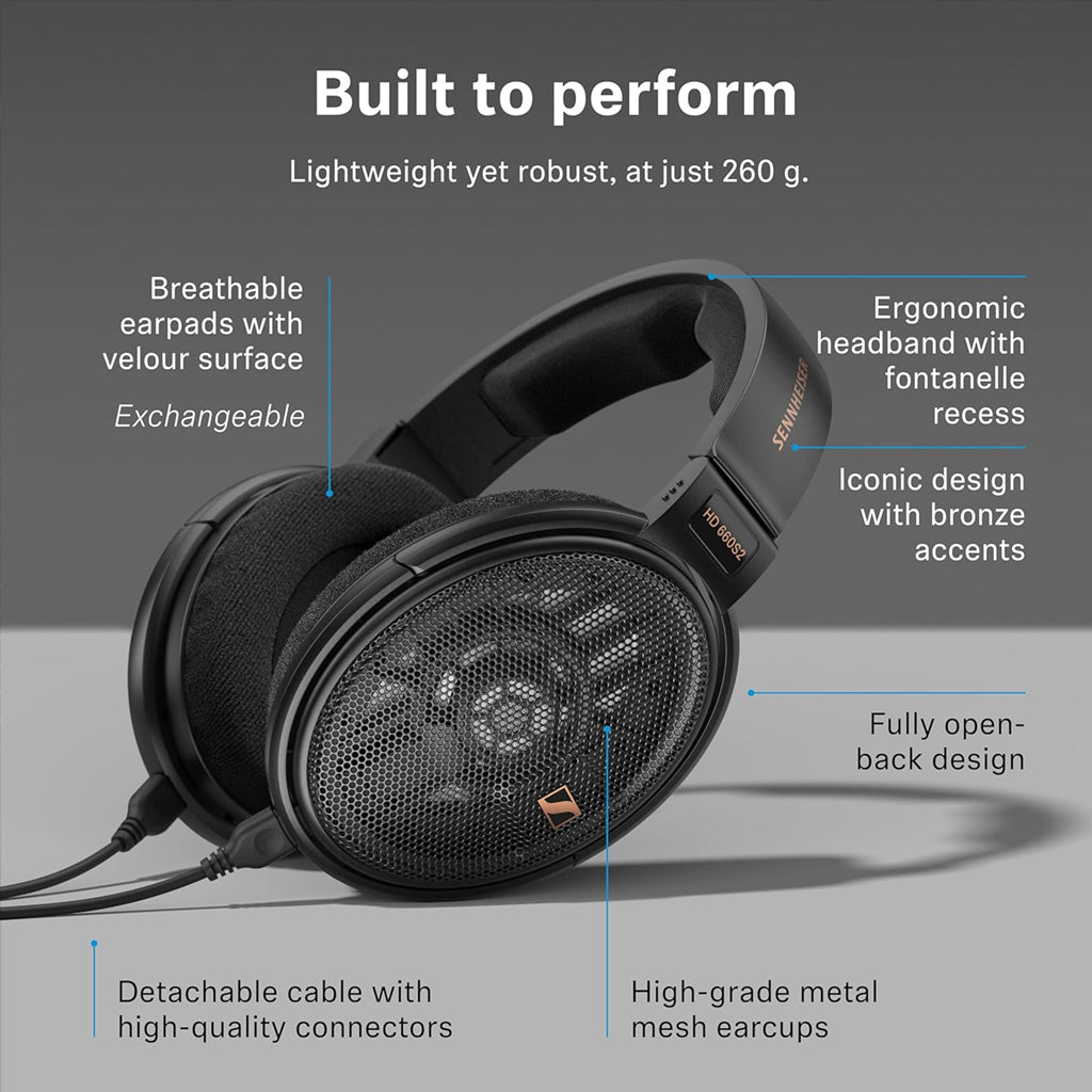 Sennheiser HD 660S2 built with ergonomic headband, velour earpads, and metal mesh earcups for premium comfort and durability.