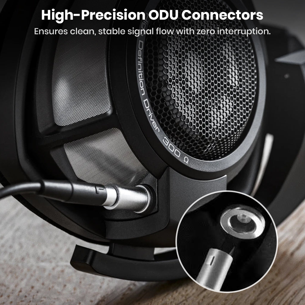 Close-up of Sennheiser HD 800 S high-precision ODU connectors ensuring clean, stable signal flow with zero audio interruption.