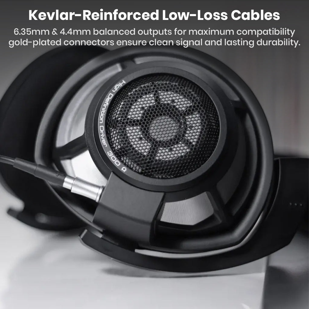 Kevlar-reinforced low-loss cables on Sennheiser HD 800 S with 6.35mm and 4.4mm balanced outputs for clean signal and durability.