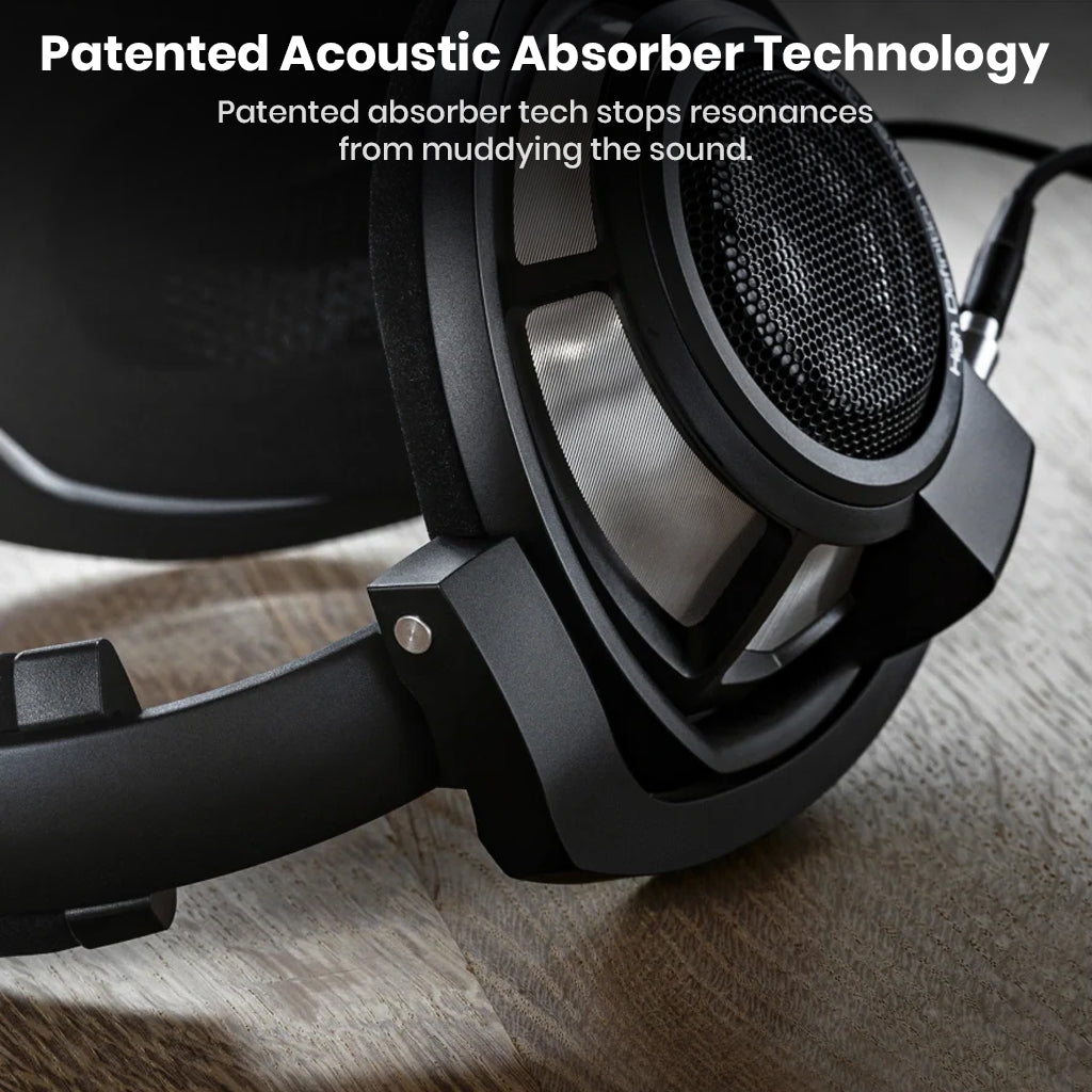 Sennheiser HD 800 S headphones featuring patented acoustic absorber technology to eliminate resonances and preserve audio clarity.