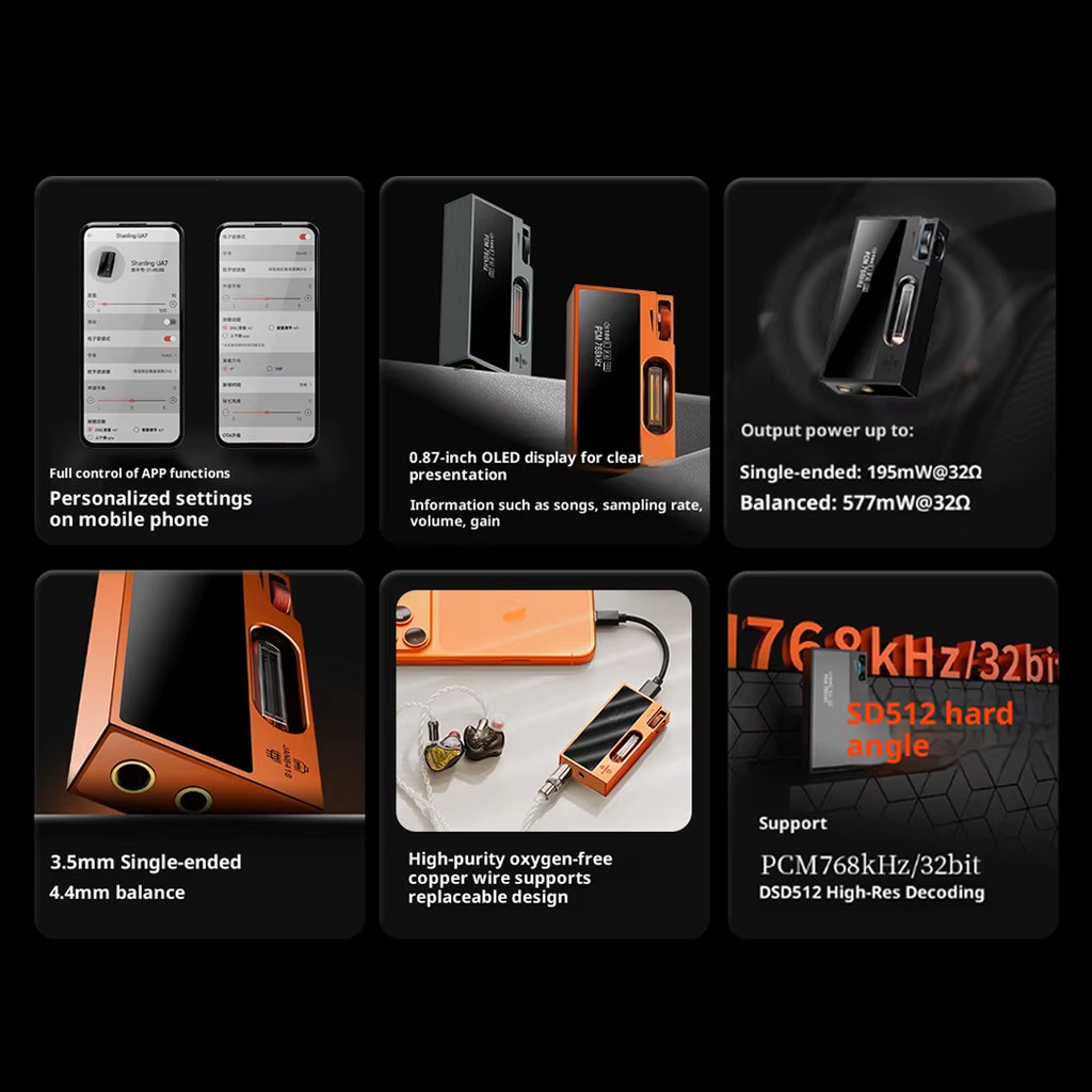 SHANLING UA7 DAC/AMP feature breakdown with OLED display, replaceable USB design, and high-purity copper wiring for premium audio.