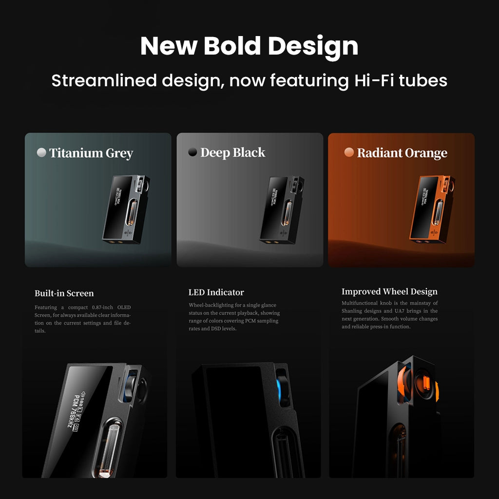 SHANLING UA7 DAC/AMP color options and design features including LED indicators, built-in screen, and improved volume wheel.