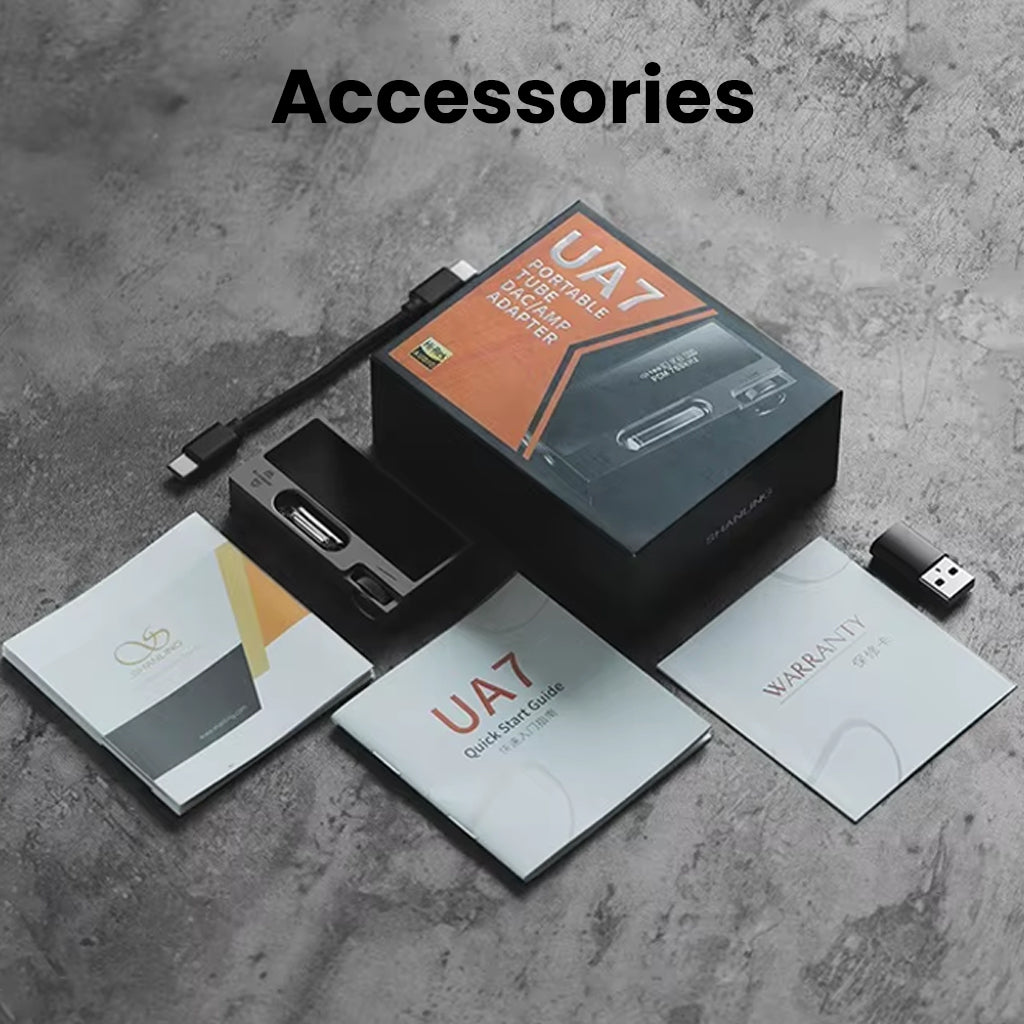 SHANLING UA7 DAC/AMP full accessory kit including USB-C cable, quick start guide, warranty card, and packaging box for new users.