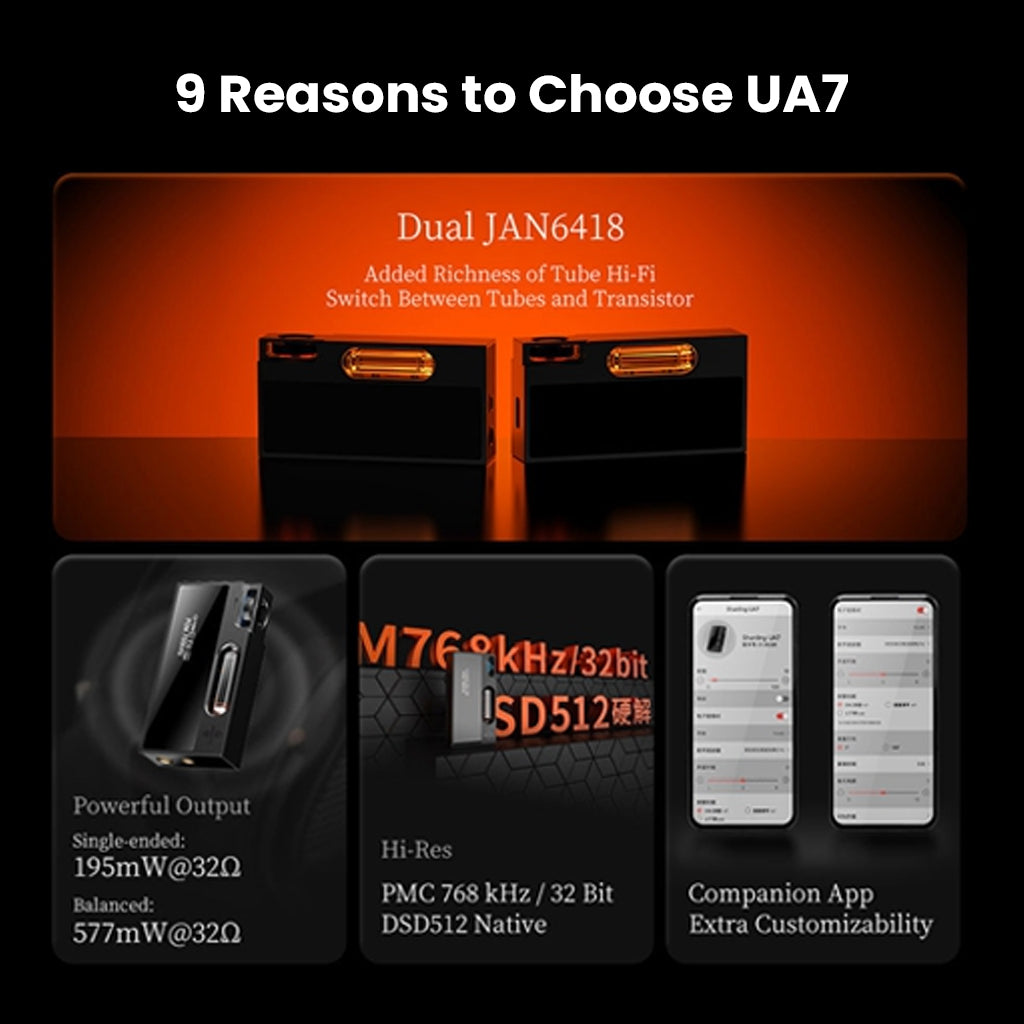SHANLING UA7 DAC/AMP highlights including dual JAN6418 tubes, PCM 768kHz/32bit, DSD512, and customizable companion app features.
